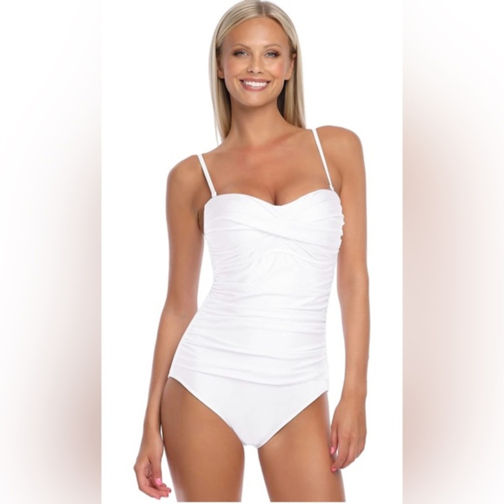 RELLECIGA White Women's One Piece Swimsuit Twist Front Shirred Removable Strap S